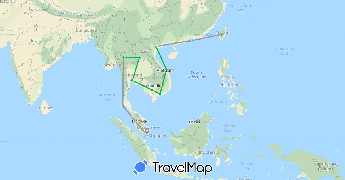 TravelMap itinerary: driving, bus, plane, boat in Hong Kong, Cambodia, Laos, Macau, Singapore, Thailand, Taiwan, Vietnam (Asia)